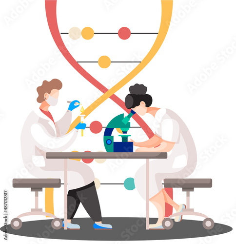 Virologists studying new virus in lab with microscope. Scientist conducting scientific researches. Antivirus vaccine complete development. Pharmaceutical investigation in laboratory examination