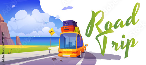 Road trip poster with car on road to sea beach. Vector banner of travel, summer vacation and journey with cartoon illustration of ocean shore landscape with mountains, highway and auto with luggage