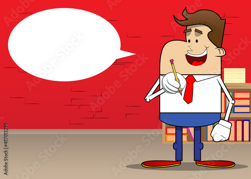 Simple retro cartoon of a businessman holding a pencil. Professional finance employee white wearing shirt with red tie.