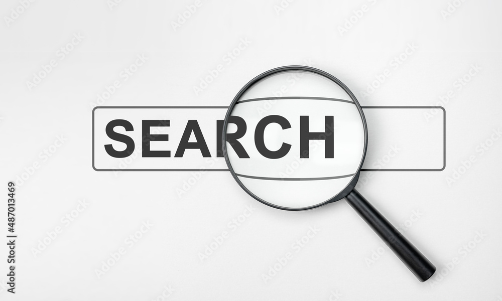 Magnifying glass with search bar on white background. Magnifier glass with search bar icon for SEO or Search Engine Optimisation wording concept. Magnifying glass with search bar on white background. Magnifier glass with search bar icon for SEO or Search Engine Optimisation wording concept.