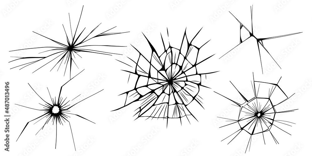 Glass cracks. Broken ice. Bullet marks on transparent surface, electronic display, window. Vector sketch illustration.