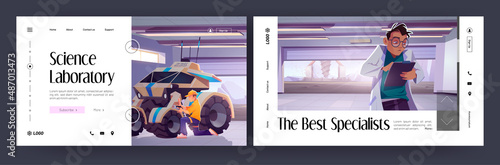 Landing pages with engineer fixing rover and scientist writing in clipboard inside of hangar on alien planet surface with drilling rig outside. Space garage or lab research, Cartoon Vector web banners