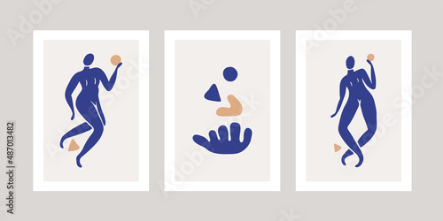 Canvas Print Set of three abstract posters with one woman silhouettes and coral painted in the Henry Matisse style