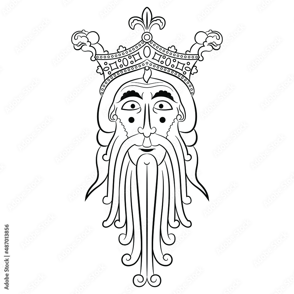 Head of Norse god Woden or Odin. Portrait of a bearded man in royal