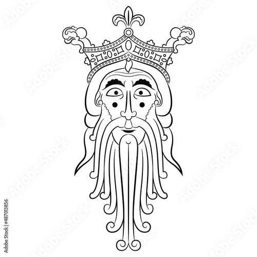 Head of Norse god Woden or Odin. Portrait of a bearded man in royal crown. Male head. Face of medieval kind. Black and white linear silhouette. Isolated vector illustration.
