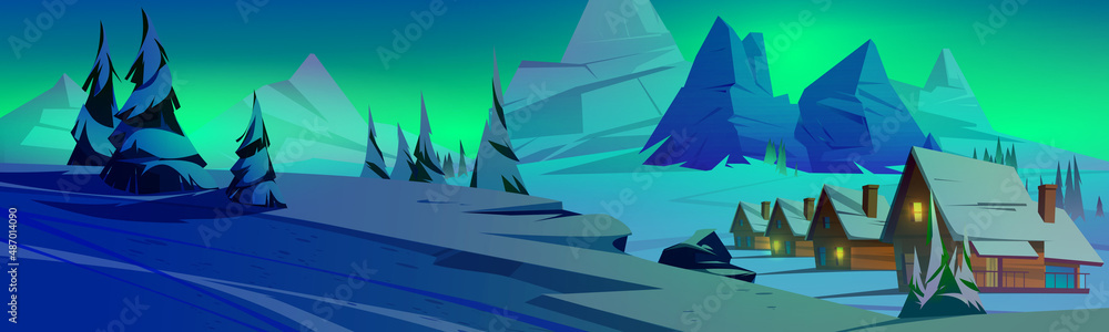 Night winter mountain landscape with houses under glowing sky with aurora borealis polar lights. Ski resort settlement with spruce trees and snowy peaks wintertime scene, Cartoon vector illustration