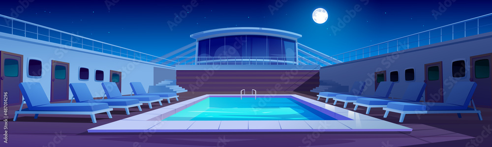 Fototapeta premium Swimming pool on cruise liner at night, ship deck with sun loungers, wooden floor and door portholes under starry sky with full moon glow, luxury sailboat in sea or ocean, Cartoon vector illustration