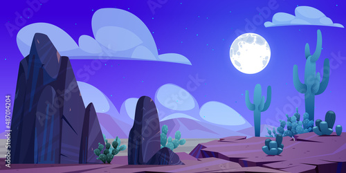 Night desert landscape, Mexican natural background with cacti, rocks and dry deserted land under starry sky with full moon glow. Twilight, picturesque nature parallax scene Cartoon vector illustration