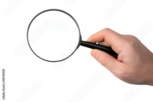Hand holding magnifying glass isolated on white background. man hand holding black magnifying glass. Research, searching or investigating something. top view