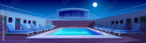 Swimming pool on cruise liner at night, ship deck with sun loungers, wooden floor and door portholes under starry sky with full moon glow, luxury sailboat in sea or ocean, Cartoon vector illustration