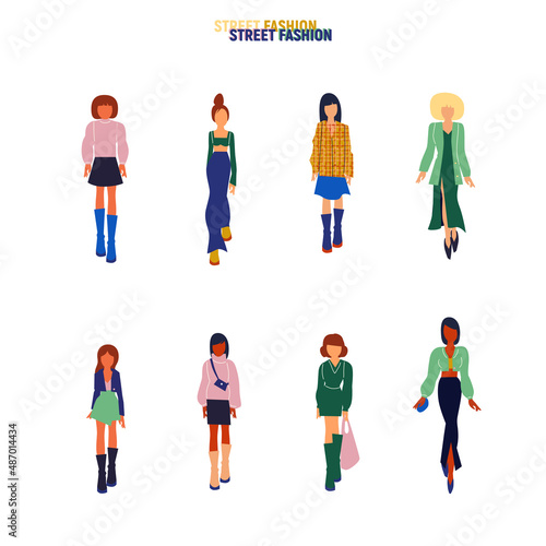 Collection of stylish young women dressed in trendy clothes. Vector fashion illustration.