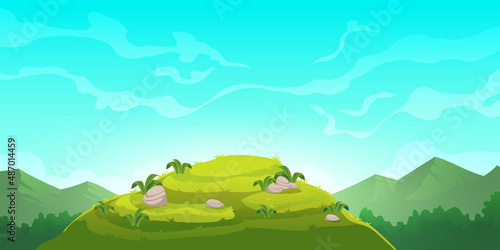 Cartoon nature landscape green hill and rocks under blue sky with clouds. Picturesque scenery background, natural tranquil summer scene green hillock with stones and grass, Vector illustration