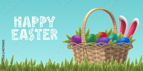 Greeting card with typography HAPPY EASTER. Volumetric realistic wicker basket with colored eggs and rabbit ears on grass. Colorful vector template for banner, wallpaper. Spring Christian holiday.