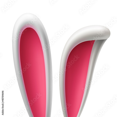 Vector template of 3D rabbit ears on an isolated background. Voluminous white ears of the Easter Bunny. Funny cartoon illustration for greeting card, banner.