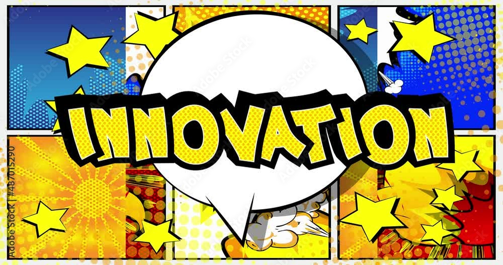 Innovation. Motion poster business concept. 4k animated Comic book word text moving on abstract comics background. Retro pop art style. Innovation. Motion poster business concept. 4k animated Comic book word text moving on abstract comics background. Retro pop art style.