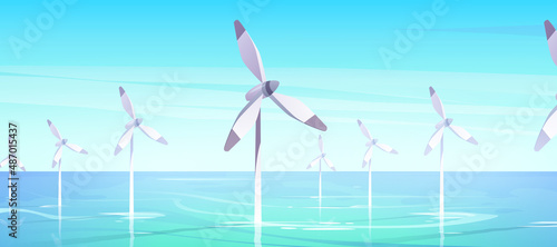 Offshore farm with windmills in water, alternative wind energy generation with turbines in sea or ocean, renewable green sustainable power, save planet environment concept, Cartoon vector illustration