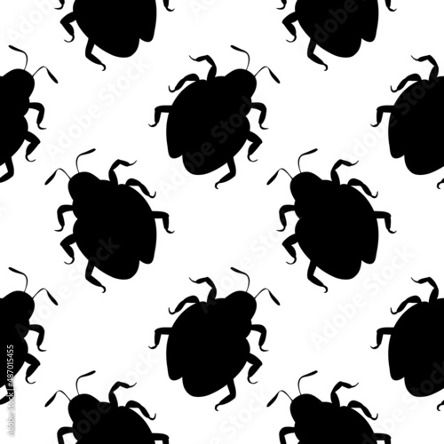 Vector seamless pattern of black beetles in flat style. Simple texture with insects, bugs