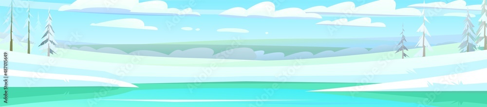 Frozen and ice covered pond. Winter rural landscape with cold white snow and drifts. Beautiful frosty view of countryside hilly plain. Horizontal illustration. Flat design cartoon style. Vector