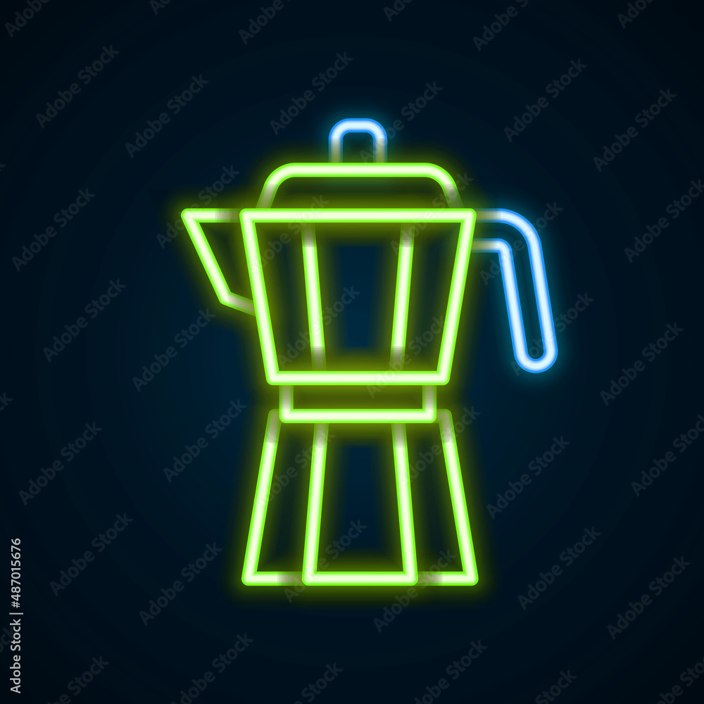Glowing neon line Coffee maker moca pot icon isolated on black background. Colorful outline concept. Vector Glowing neon line Coffee maker moca pot icon isolated on black background. Colorful outline concept. Vector