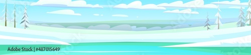 Frozen and ice covered pond. Winter rural landscape with cold white snow and drifts. Beautiful frosty view of countryside hilly plain. Horizontal illustration. Flat design cartoon style. Vector