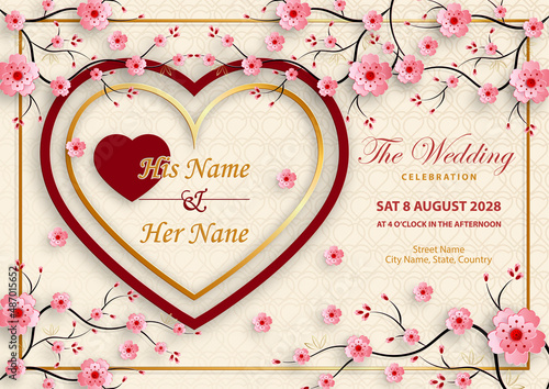 Chinese oriental wedding invitation card template with oriental elements