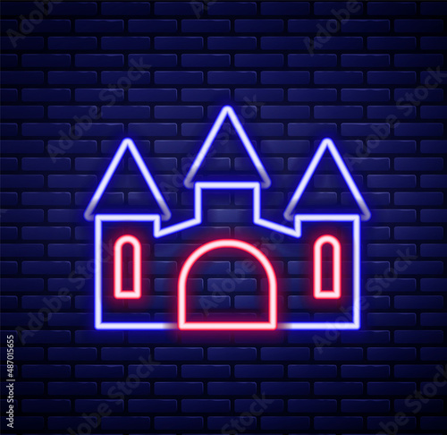 Glowing neon line Castle icon isolated on brick wall background. Medieval fortress with a tower. Protection from enemies. Reliability and defense of the city. Colorful outline concept. Vector