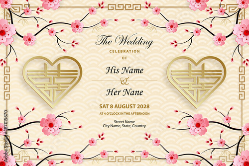 Chinese oriental wedding invitation card template with oriental elements