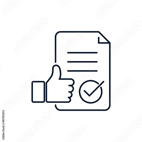 Approval concept, accredited document, authorized agreement, confirmed deal. Vector linear icon isolated on white background.