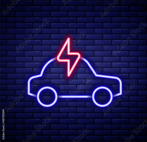 Glowing neon line Electric car and electrical cable plug charging icon isolated on brick wall background. Renewable eco technologies. Colorful outline concept. Vector