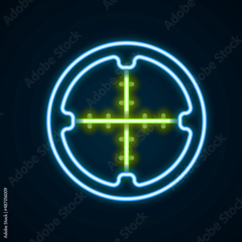 Glowing neon line Sniper optical sight icon isolated on black background. Sniper scope crosshairs. Colorful outline concept. Vector