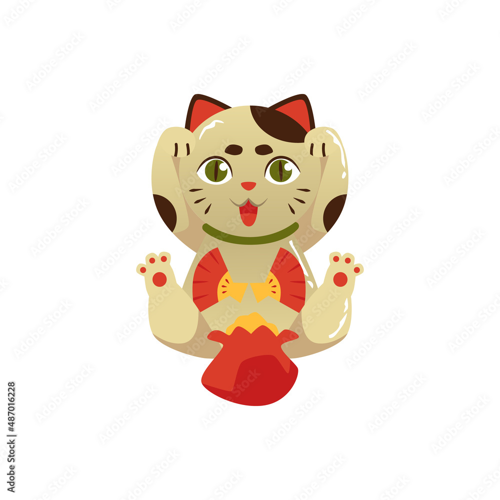 Cute maneki neko cat with bag of golden coins, cartoon flat vector illustration isolated on white background. Cute maneki neko cat with bag of golden coins, cartoon flat vector illustration isolated on white background.