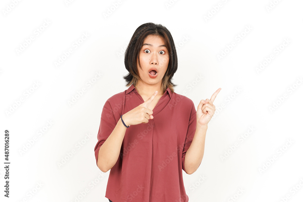 Showing Product and Pointing Side Of Beautiful Asian Woman Isolated On White Background Showing Product and Pointing Side Of Beautiful Asian Woman Isolated On White Background