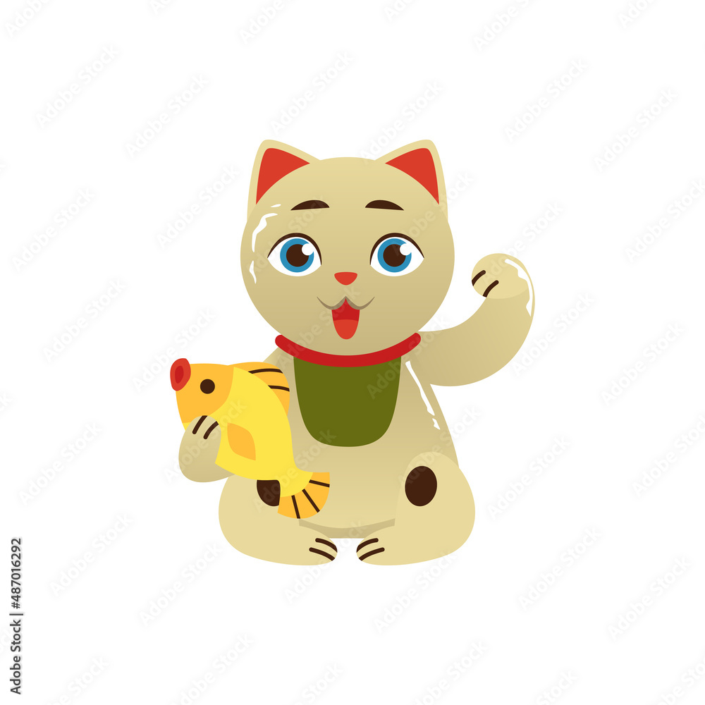 Maneki neko cat holds golden fish as symbol of prosperity, flat vector illustration isolated on white background. Maneki neko cat holds golden fish as symbol of prosperity, flat vector illustration isolated on white background.