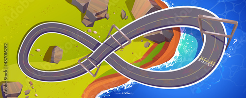 Race track for cars top view, circuit road cartoon background for game, racetrack in shape of infinity sign at sea and green shore location, asphalted way loop for formula f1 competition, vector path