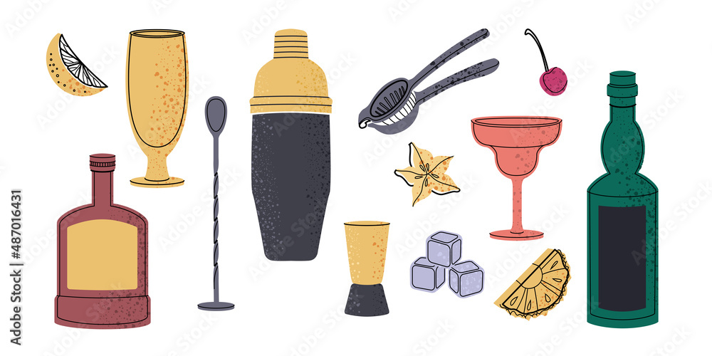 Vector bartender equipment set. Vector line art illustration