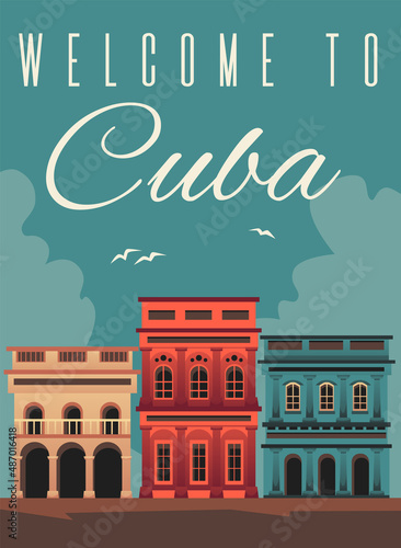 Welcome to Cuba poster mockup with Cuban landmarks, flat vector illustration.
