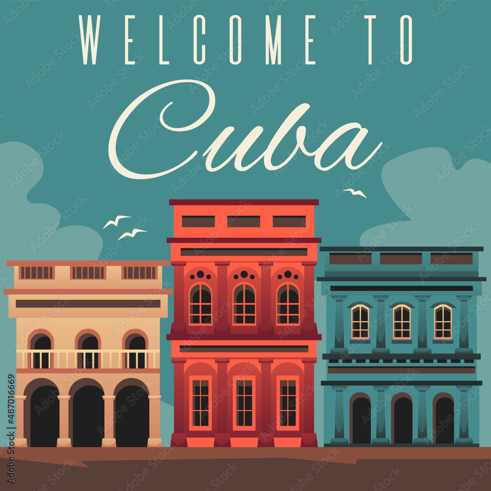 Welcome to Cuba square travel retro poster template, flat vector illustration. Welcome to Cuba square travel retro poster template, flat vector illustration.