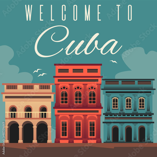 Welcome to Cuba square travel retro poster template, flat vector illustration.