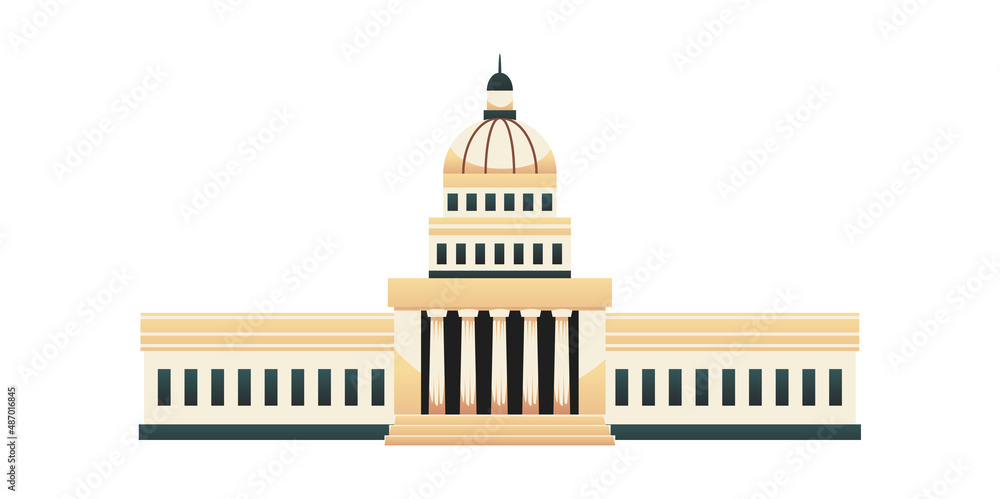 Havana national capitol building facade in flat style, vector illustration isolated on white background.