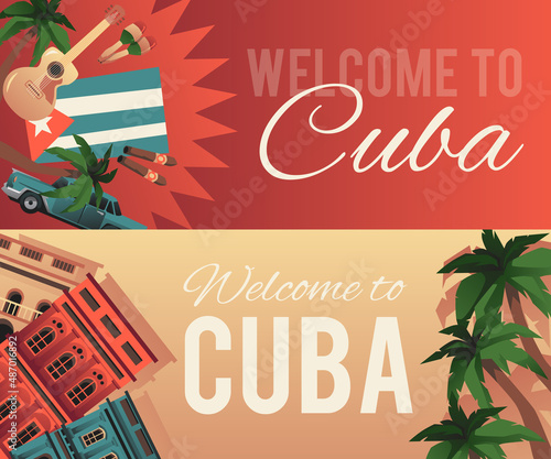 Cuba travel flyers or horizontal banners set, flat vector illustration.