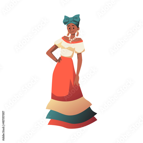 Cuban woman in colorful costume, cartoon flat vector illustration isolated.