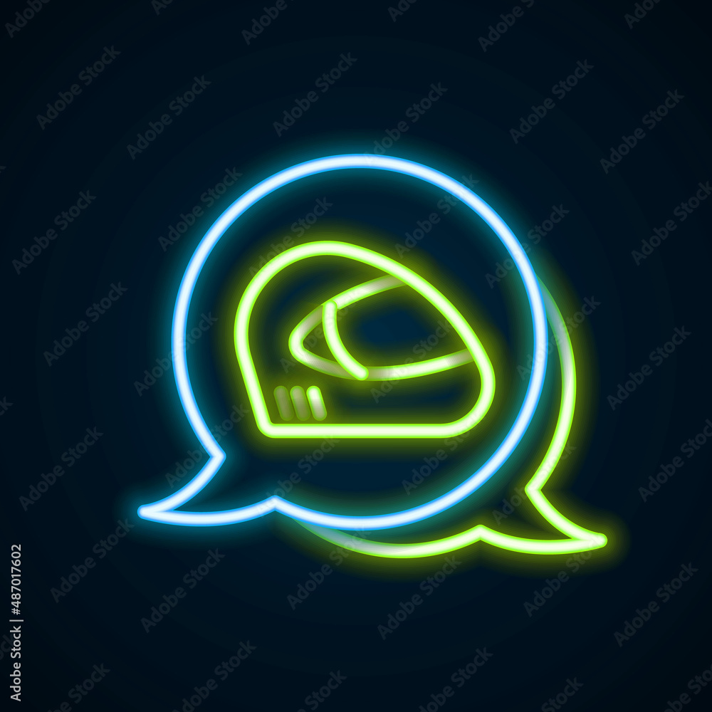 Obraz premium Glowing neon line Racing helmet icon isolated on black background. Extreme sport. Sport equipment. Colorful outline concept. Vector