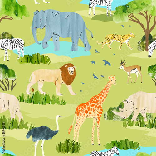 Vector seamless pattern with african animals. Wild animals and trees isolated on white background. Textile, wrapping paper, page fill, web design, wallpaper