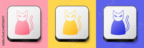 Isometric Black cat icon isolated on pink, yellow and blue background. Happy Halloween party. Square button. Vector