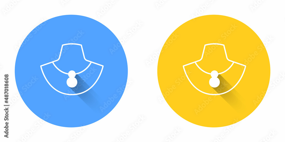 White Necklace on mannequin icon isolated with long shadow background. Circle button. Vector White Necklace on mannequin icon isolated with long shadow background. Circle button. Vector
