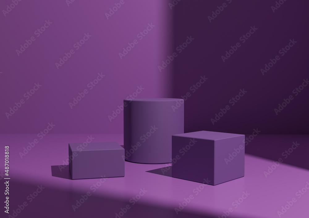 Simple Minimal Purple Three Podium or Stand Composition for Product Display. Geometric form 3D Rendering Background with Window Light From Right Side. Simple Minimal Purple Three Podium or Stand Composition for Product Display. Geometric form 3D Rendering Background with Window Light From Right Side.