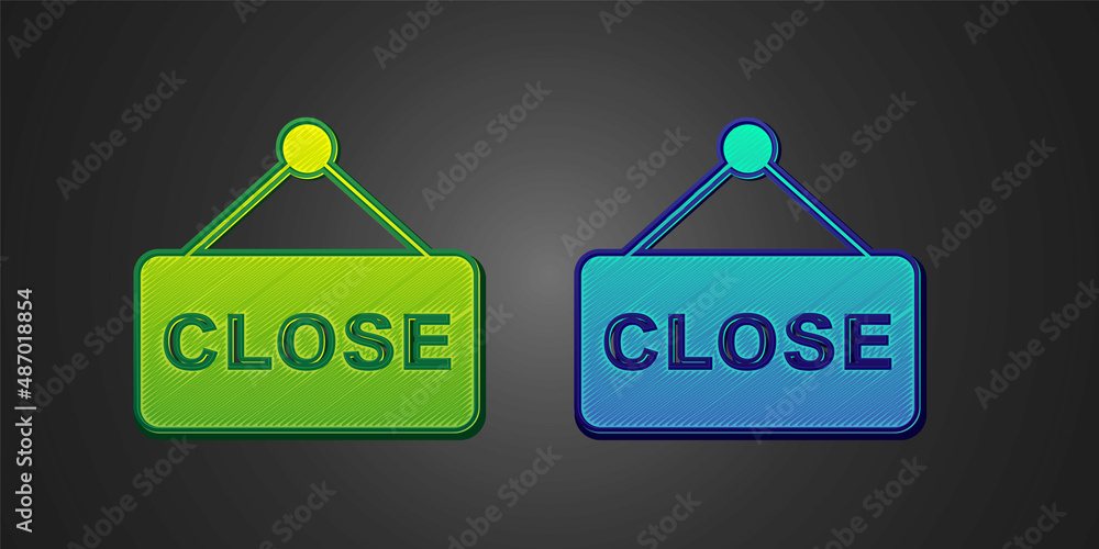Green and blue Hanging sign with text Closed icon isolated on black background. Business theme for cafe or restaurant. Vector Green and blue Hanging sign with text Closed icon isolated on black background. Business theme for cafe or restaurant. Vector