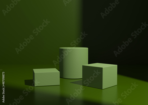 Simple Minimal Dark  Warm Green Three Podium or Stand Composition for Product Display. Geometric form 3D Rendering Background with Window Light From Right Side.