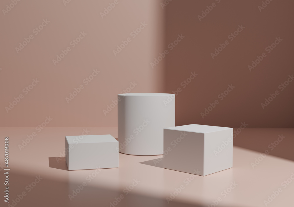 Simple Minimal Three White Podium or Stand Composition for Product Display. Geometric form 3D Rendering Light, Pastel Pink Background with Window Light From Right Side. Simple Minimal Three White Podium or Stand Composition for Product Display. Geometric form 3D Rendering Light, Pastel Pink Background with Window Light From Right Side.