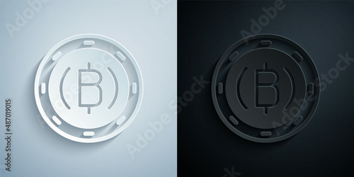 Paper cut Cryptocurrency coin Bitcoin icon isolated on grey and black background. Physical bit coin. Blockchain based secure crypto currency. Paper art style. Vector
